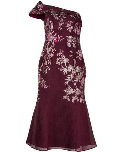 Marchesa Floral-embroidery Strapless Midi Dress - Purple