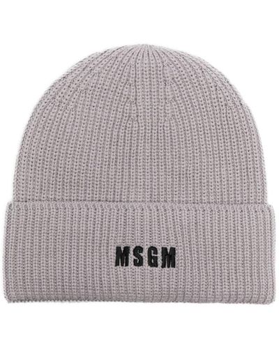 MSGM Gerippte Strickmütze mit Logo - Grau