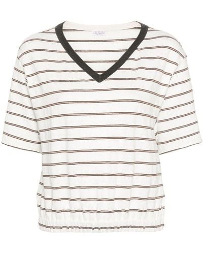 Brunello Cucinelli Striped V-neck T-shirt - Grey