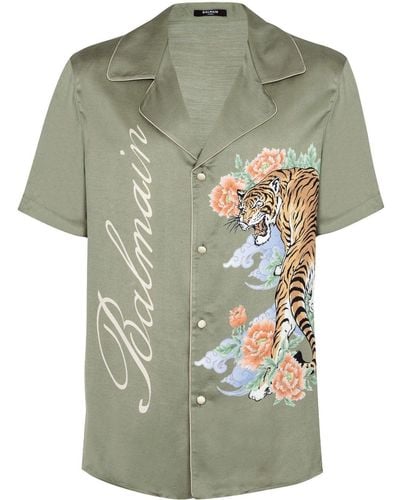 Balmain Satinhemd mit Tiger-Print - Grün