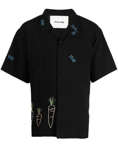 STORY mfg. Embroidered-motif Cotton-linen Blend Shirt - Black