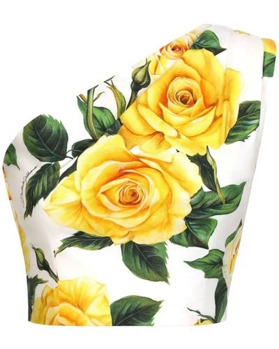 Dolce & Gabbana Kurzes One-Shoulder-Top Aus Baumwolle Gelbe-Rosen-Print