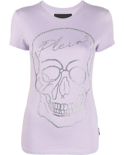 Philipp Plein T-shirt en coton à tête de mort strassée - Violet