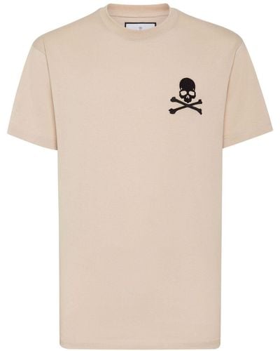 Philipp Plein Skull-embroidery Cotton T-shirt - Natural