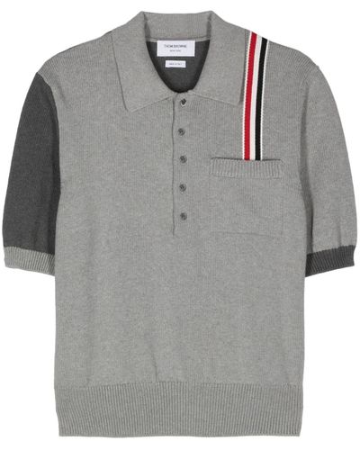 Thom Browne Rwb-stripe Knitted Polo Shirt - Grey