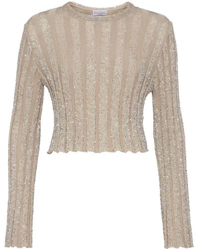 Brunello Cucinelli Paillette-embellished Ribbed-knit Sweater - Natural
