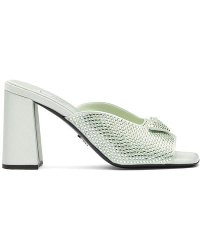 Prada Crystal-studded High-heeled Satin Slides - Green
