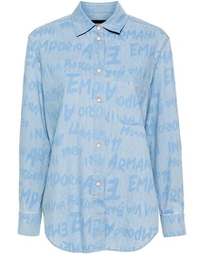 Emporio Armani Overhemd Met Logoprint - Blauw