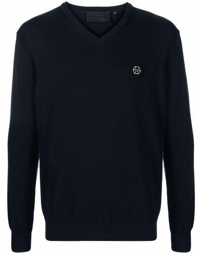 Philipp Plein Logo-patch V-neck Sweater - Blue