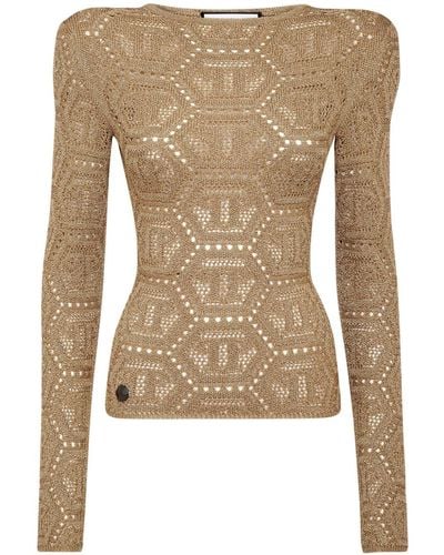 Philipp Plein Logo-embroidered Knitted Top - Natural