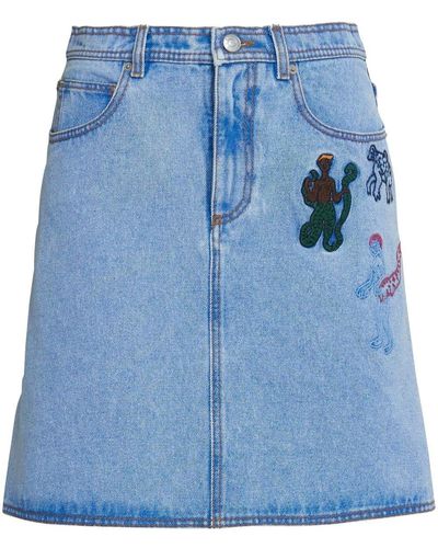 Marni Embroidered-detail Denim Skirt - Blue