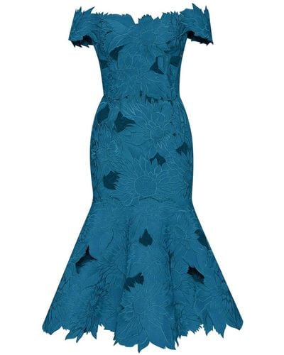 Oscar de la Renta Sunflower Quilted Trumpet Dress - Blue
