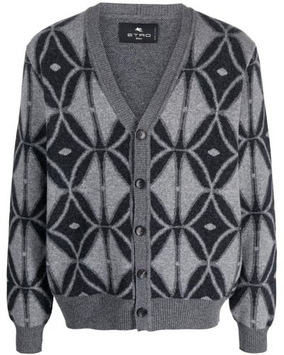 Etro Patterned-jacquard Knit Wool Cardigan - Grey