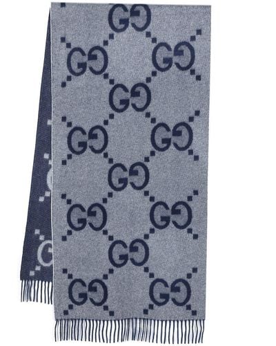 Gucci GG-pattern Fringed Scarf - Blue