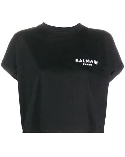 Balmain T-shirt crop à logo brodé - Noir