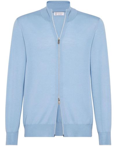 Brunello Cucinelli Cardigan en maille fine à fermeture zippée - Bleu