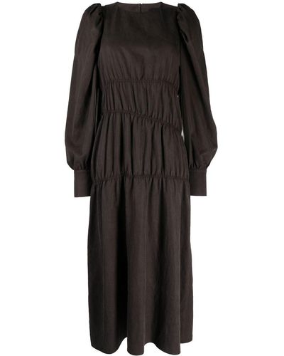 Goen.J Ruched Puffed-sleeve Midi Dress - Black