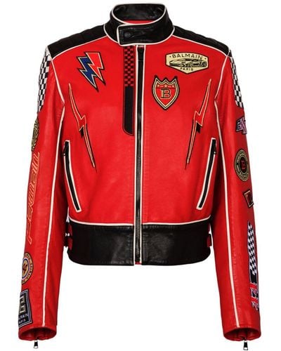 Balmain Logo-appliqué Leather Jacket - Red