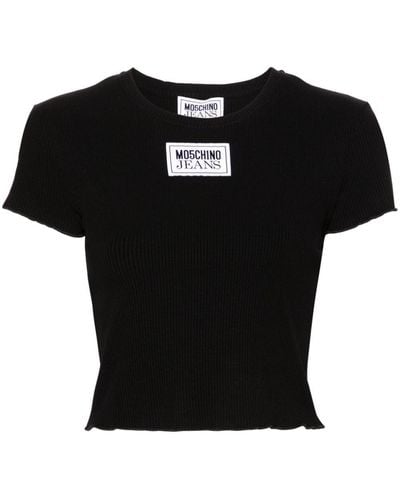 Moschino Jeans Geripptes T-Shirt mit Logo-Patch - Schwarz