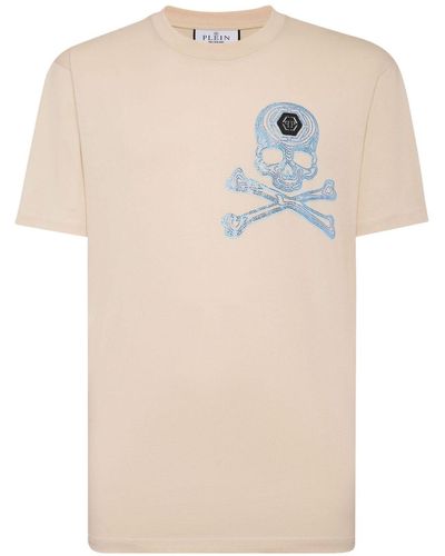 Philipp Plein Crystal-embellished Skull-print Cotton T-shirt - Natural