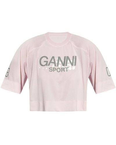 Ganni Performance Crop Top With Logo - Pink