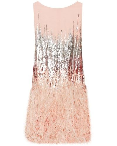 Oscar de la Renta Sequin-embellished Feather-trim Silk Dress - Pink