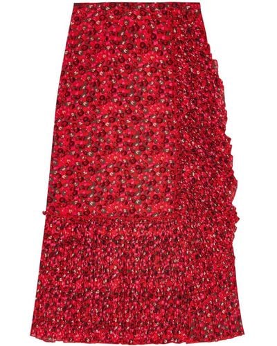 Ganni Ruffle-detail Floral-print Georgette Midi Skirt - Red