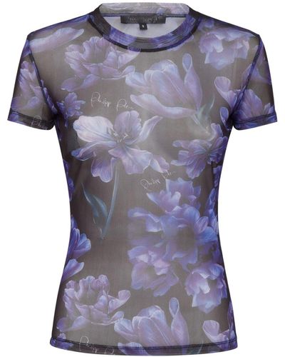 Philipp Plein T-shirt a fiori con scollo rotondo - Blu