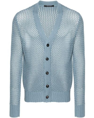 Tagliatore V-neck Crochet-knit Cotton Cardigan - Blue