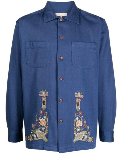 Nudie Jeans Hemd mit Blumenstickerei - Blau