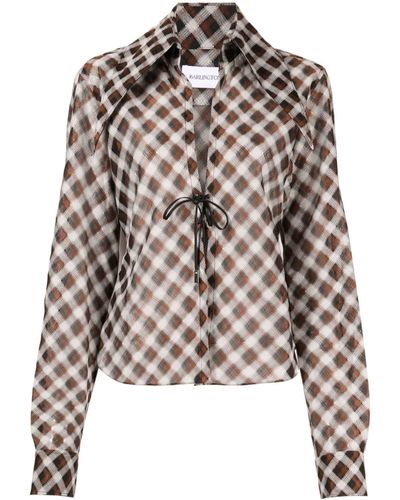 16Arlington Pointed-collar Checkered Blouse - Brown