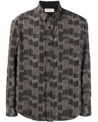 Saint Laurent Abstract-print Ribbed Velvet Shirt - Black