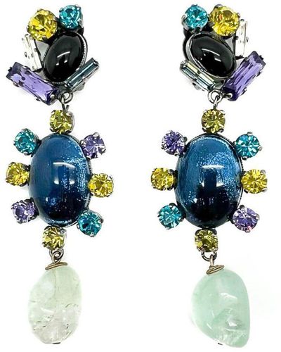 JENNIFER GIBSON JEWELLERY Vintage Philippe Ferrandis Foiled Glass & Stone Earrings 1980s - Blue