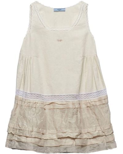 Prada Linen And Antique Silk Mini-dress - Natural