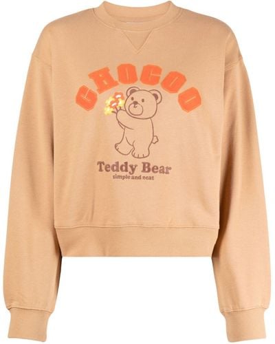 Chocoolate Teddy-bear Embroidered Cropped Sweatshirt - Brown