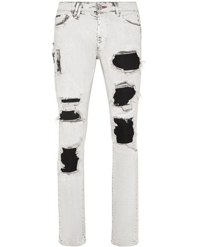 Philipp Plein Ripped Stonewashed Skinny Jeans - White