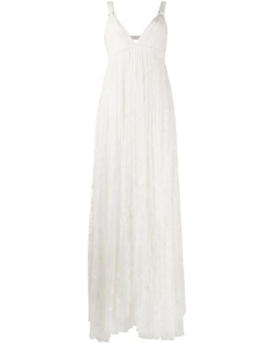 Maria Lucia Hohan V-neck Embroidered Tulle Gown - White