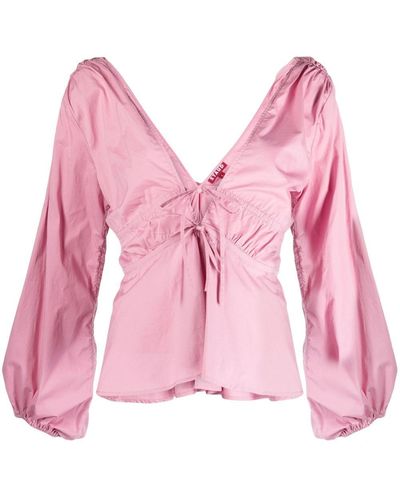 STAUD V-neck Gathered Long-sleeve Blouse - Pink