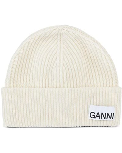 Ganni Logo-appliqué Ribbed Beanie - Natural