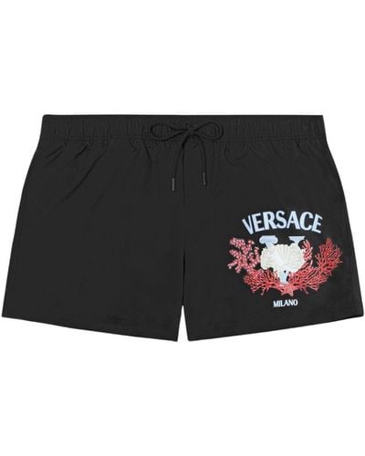 Versace Swim Shorts With Front Print And Logo - Black