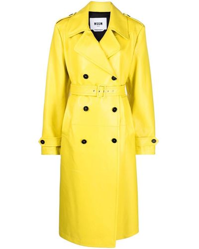 MSGM Double-breasted Belted Faux-leather Trench Coat - Yellow
