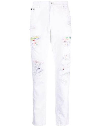 Dolce & Gabbana Ripped-detail Tapered-leg Jeans - White
