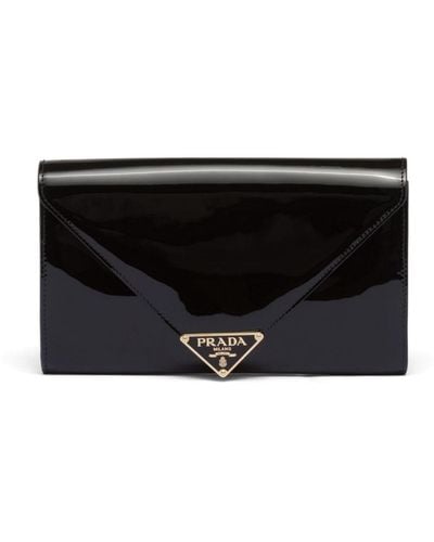 Prada Patent-leather Envelope Wallet On Chain - Black