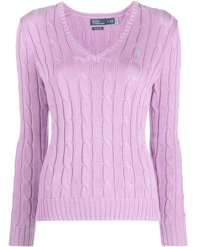 Polo Ralph Lauren Embroidered-logo Cable-knit Sweater - Purple