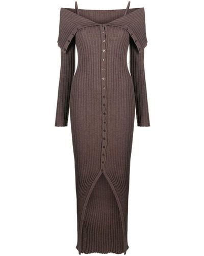 Blumarine Off-shoulder Ribbed-knit Wool Dress - Brown