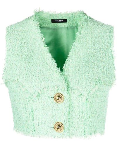 Balmain Tweed Cropped Vest - Green