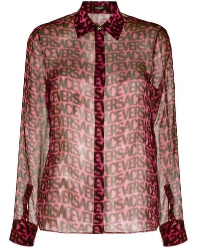 Versace Logo-print Semi-sheer Silk Shirt - Pink