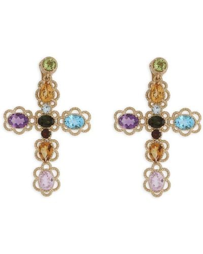 Dolce & Gabbana 18kt Yellow Gold Cross Gemstone Drop Earrings - White