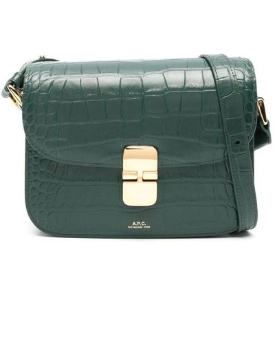 A.P.C. Grace Croc-embossed Leather Shoulder Bag - Green