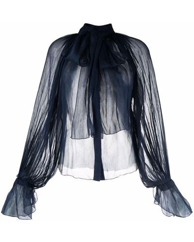 Atu Body Couture Sheer Pussy-bow Silk Blouse - Blue